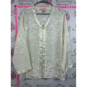 LE BOUDOIR blouse shiny ornate Cream Satin Embroidered Mandarin-Collar Top